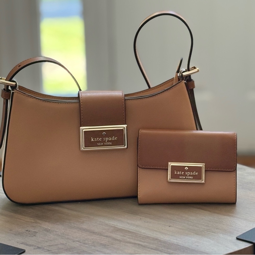 Kate Spade Reegan small shoulder bag and medium wallet in tiramisu mousse.